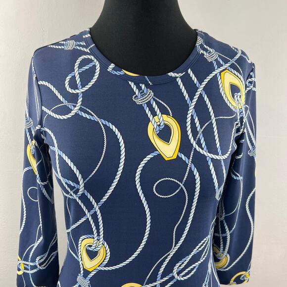 J. McLaughlin 3/4 Sleeve Top Blue Yellow Print Knot Round Neckline Stretch Sz XS - Picture 3 of 10